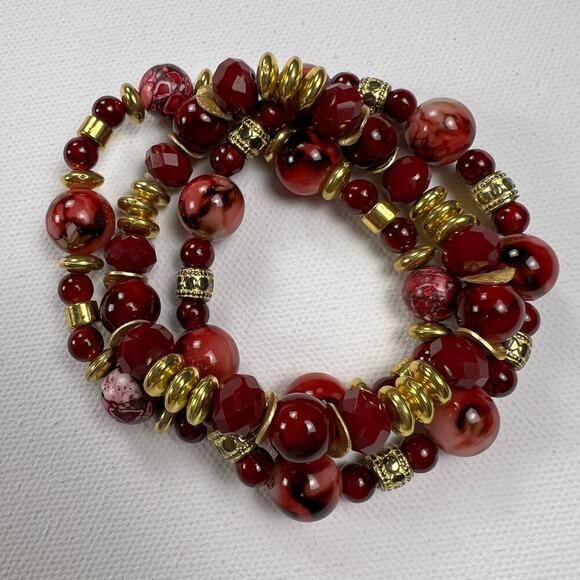 Handmade Beaded Bracelet Trio Reds and Gold Marbled Opaque Faceted Metal Beads - Picture 2 of 5